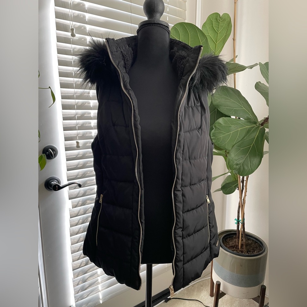 Calvin Klein Black Quilted Vest with Faux Fur